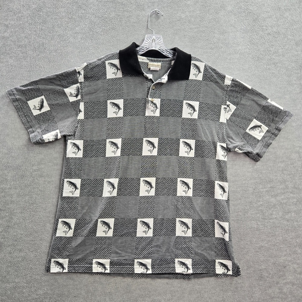 VINTAGE Coldwater Creek‎ Men Polo Shirt XL Gray Plaid Allover Fishing Graphic